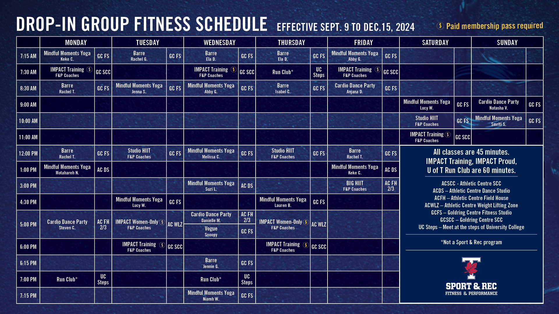 Weekly program schedule with class dates, times and locations