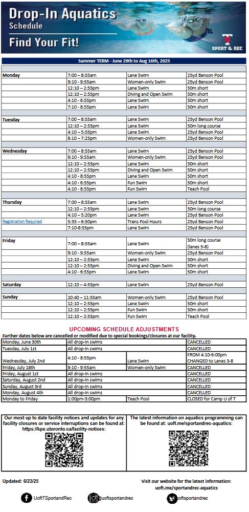 Drop in Swim Schedule Summer 2025