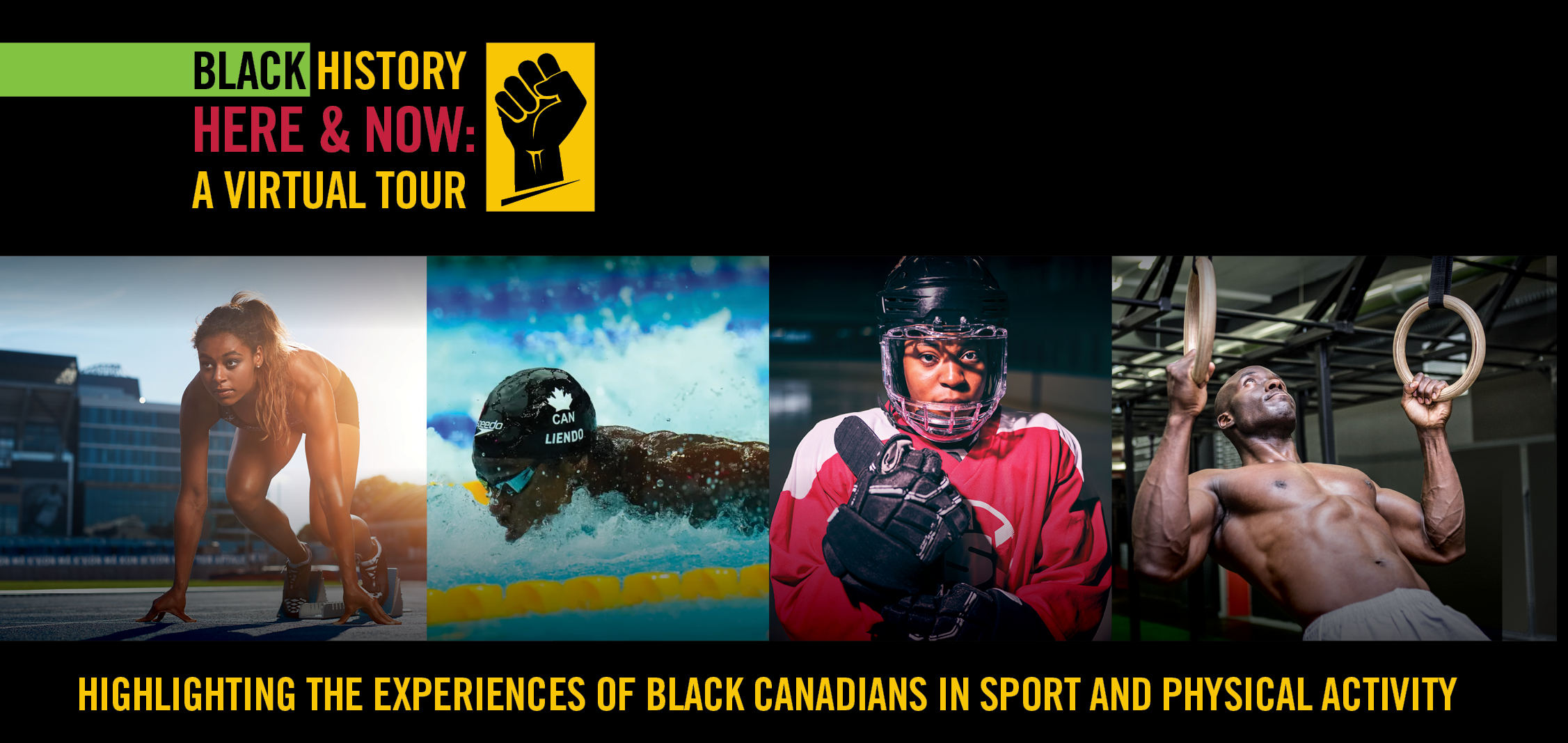 4 different Black athletes in different sports: track, swimming, hockey and gymnastics