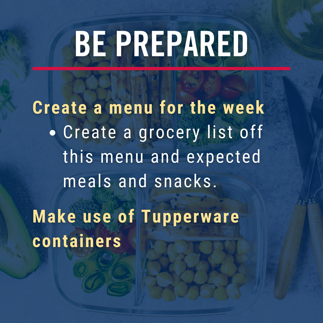 Be prepared. Create a menu for the week: Create a grocery list off of this menu and expected meals and snacks. Make use of Tupperware containers.