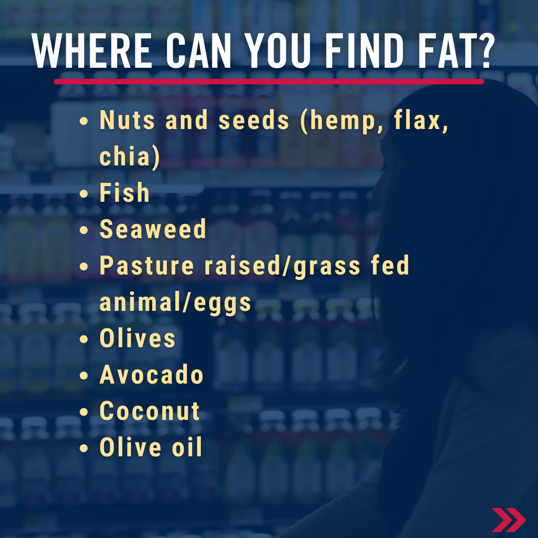 Where can you find fat? Nuts and seeds, fish, seaweed, pasture raised/grass fed animals/eggs, olives, avocado, olive oil, coconut