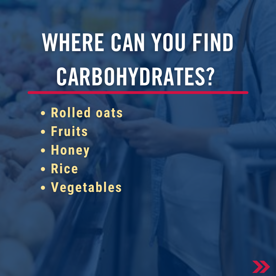 Where can you find carbohydrates? Rolled oats, fruits, honey, rice, vegetables