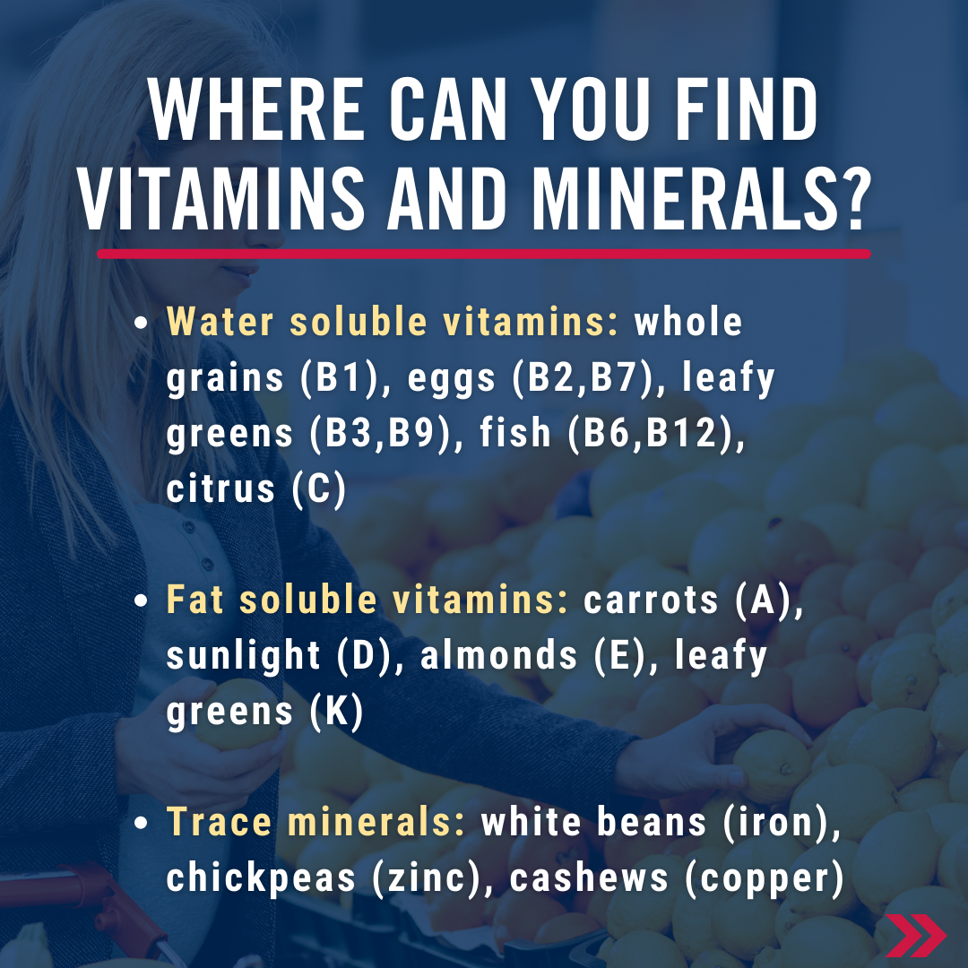 Where can you find vitamins and minerals? Water soluble vitamins: whole grains (B1), eggs (B2,B7), leafy greens (B3,B9), fish (B6,B12), citrus (C). Fat soluble vitamins: carrots (A), sunlight (D), almonds (E), leafy greens (K). Trace minerals: white beans (iron), chickpeas (zinc), cashews (copper).