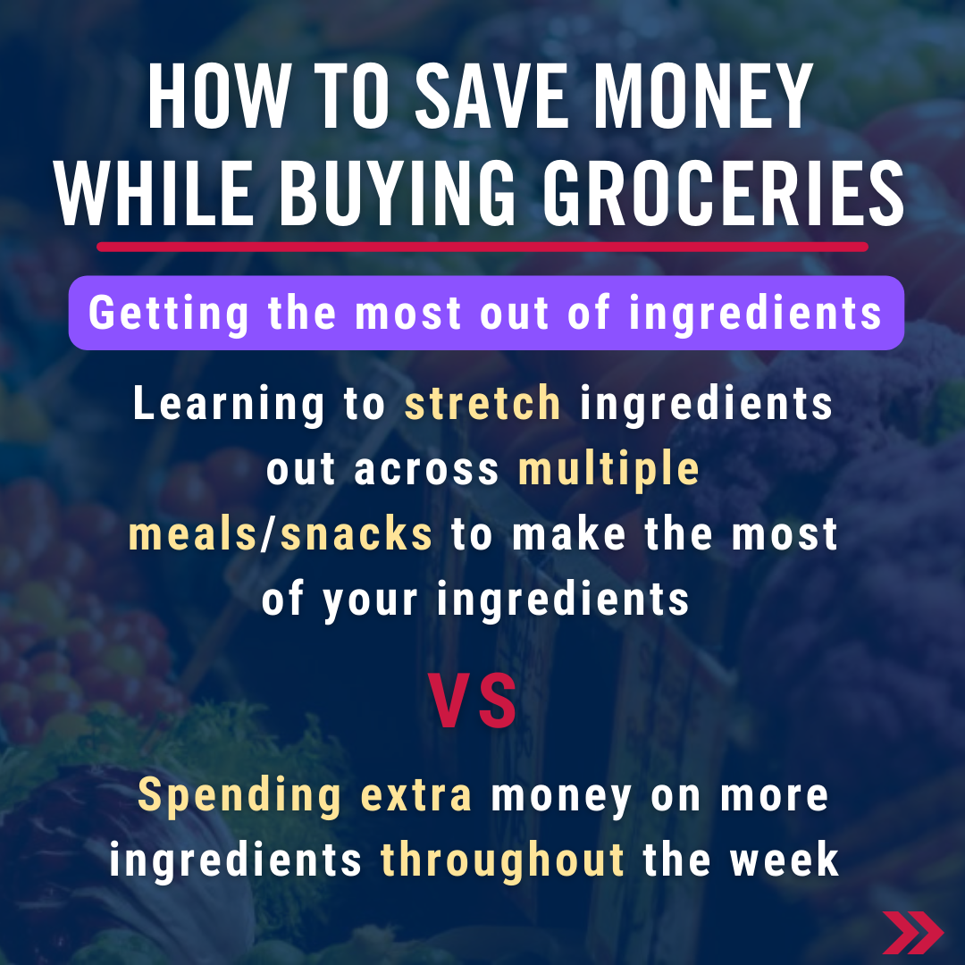 How to save money while buying groceries. Getting the most out of ingredients. Learning to stretch ingredients out across multiple meals/snacks to make the most of your ingredients VS Spending extra money on more ingredients throughout the week