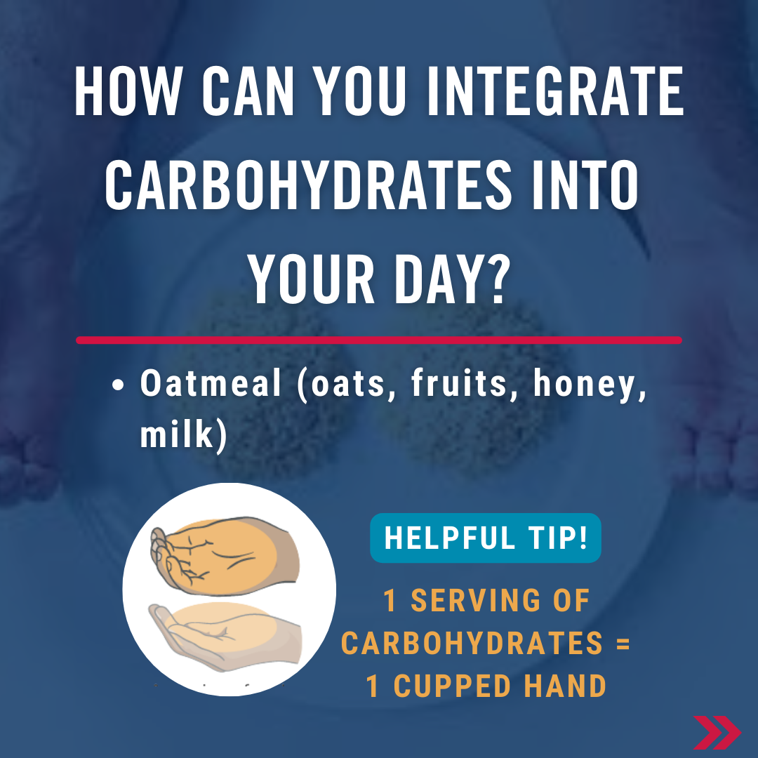 How can you integrate carbohydrate into your day? Oatmeal with oats, fruits, honey, and milk. A helpful tip = 1 serving of carbohydrates is 1 cupped hand