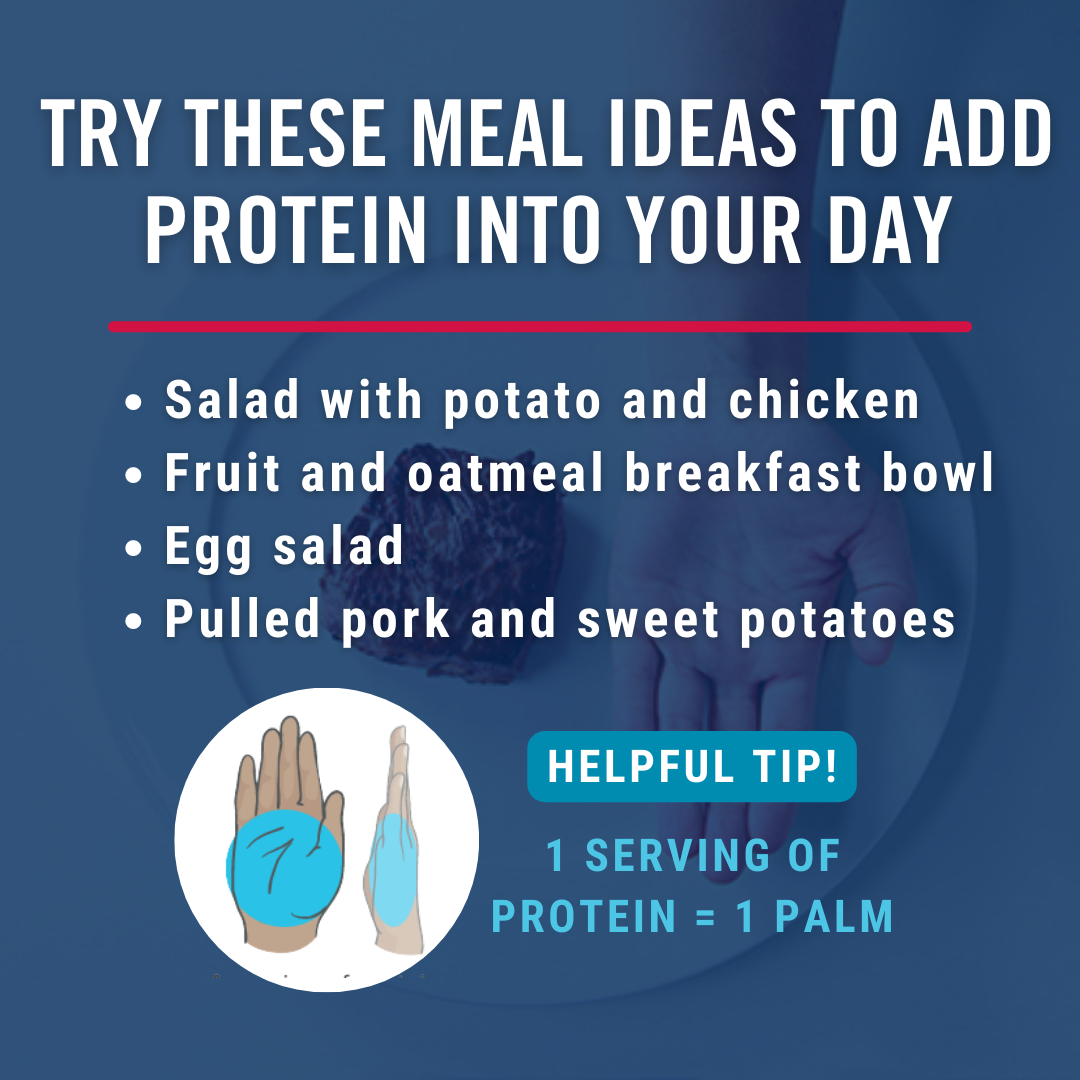 Try these meal ideas to add protein into your day. Salad with potato and chicken. Fruit and oatmeal breakfast bowl. Egg salad. Pulled pork and sweet potatoes. Helpful tip = 1 serving of protein is 1 palm.