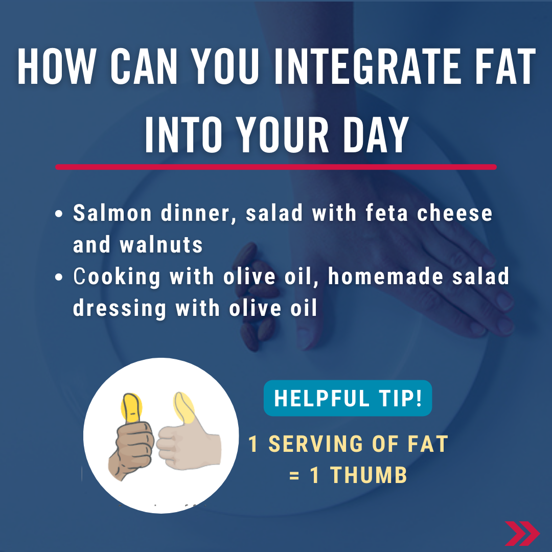 How can you integrate fat into your day? Salmon dinner, salad with feta cheese and walnuts, cooking with olive oil, homemade salad dressing with olive oil. Helpful tip = 1 serving of fat is the size of your thumb