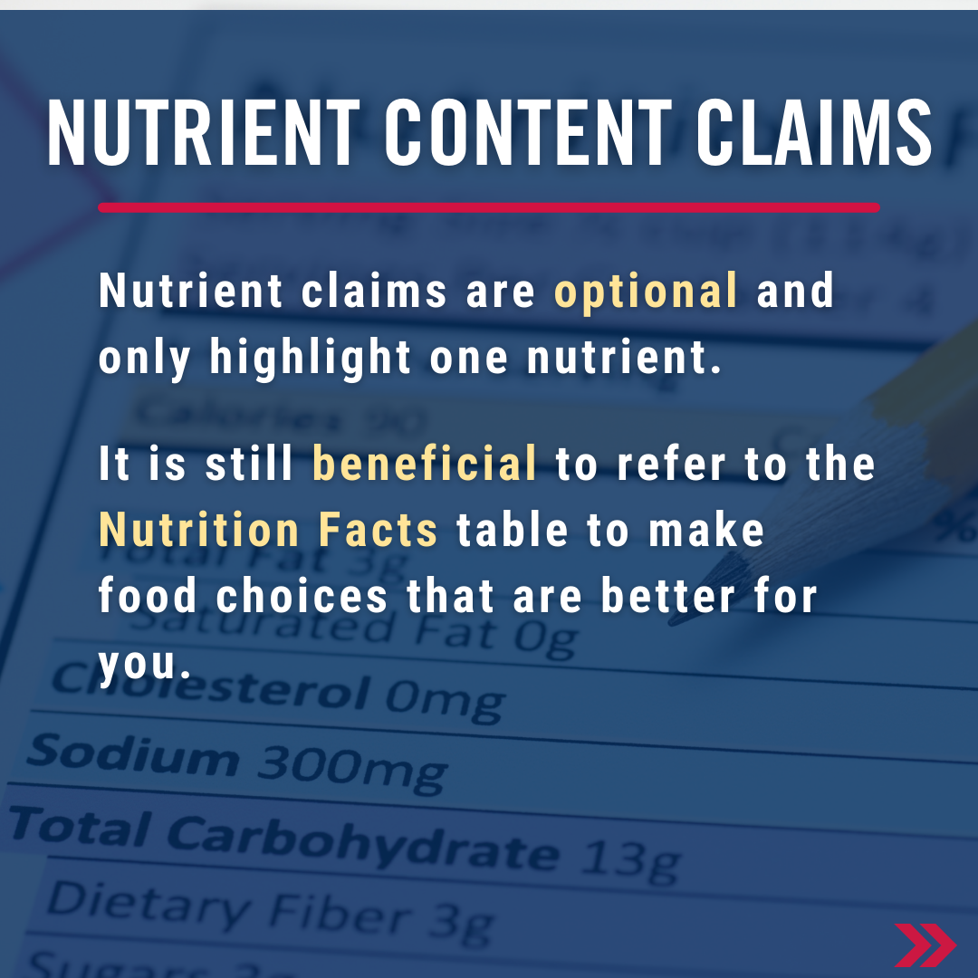 Nutrient claims are optional and only highlight one nutrient. It is still beneficial to refer to the Nutrition Facts table to make food choices that are better for you​​​​​