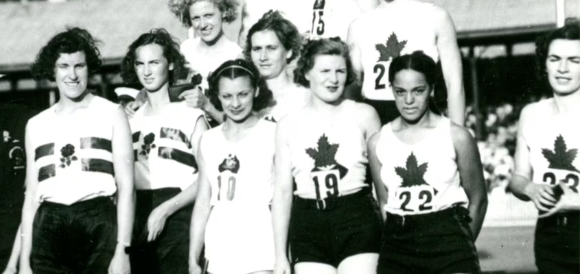 Vancouver sprinter Barbara Howard  with her teammates on the Canadian relay team at the 1938 British Empire Games in Sydney, Australia. 
