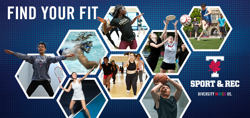 "Find your fit" slogan on a composite image depicting people playing sports