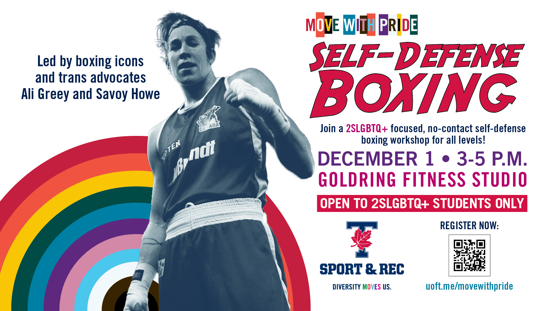 A trans sports athlete overlaps with a rainbow. Join a SLGBTQ+ self-defense boxing workout on December 1 from 3-5 pm, led by trans advocates Ali Greey and Savoy Howe.