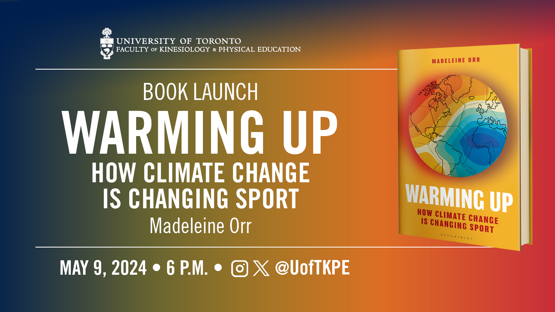 Book Launch: How Climate Change is Changing Sport. Composite of the book with an orange background.