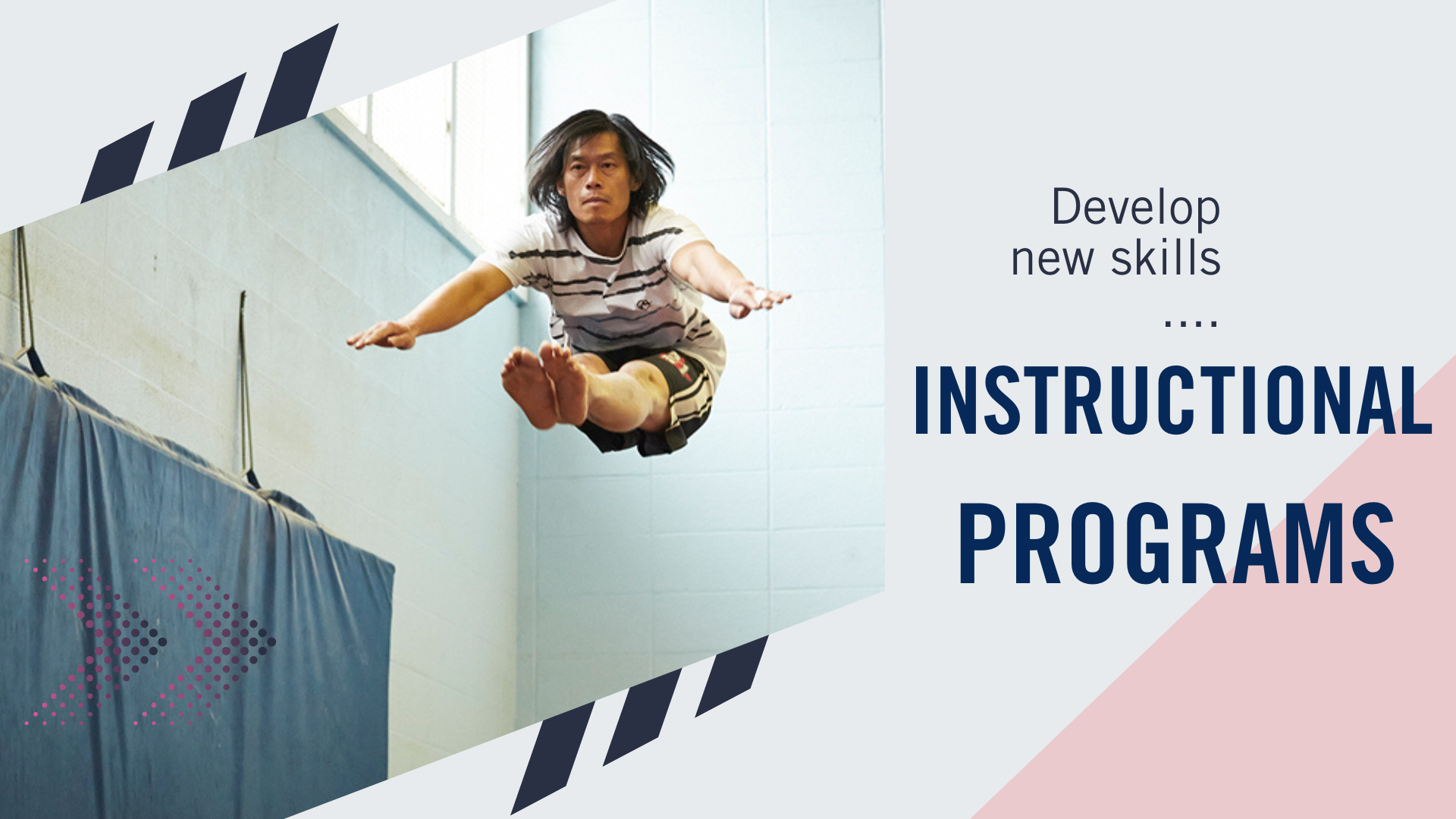 Image showcasing registered instructional program depicts a male student in the air in a pike position.