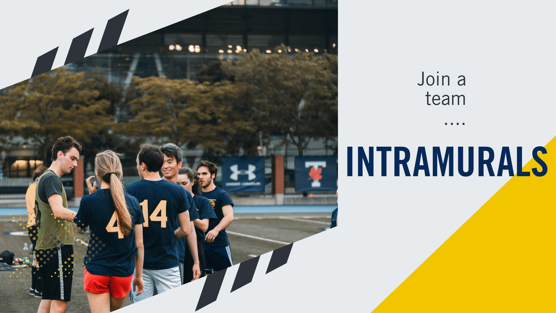 Image showcasing Intramural Sports depicts a group of people in a huddle on an outdoor turf field