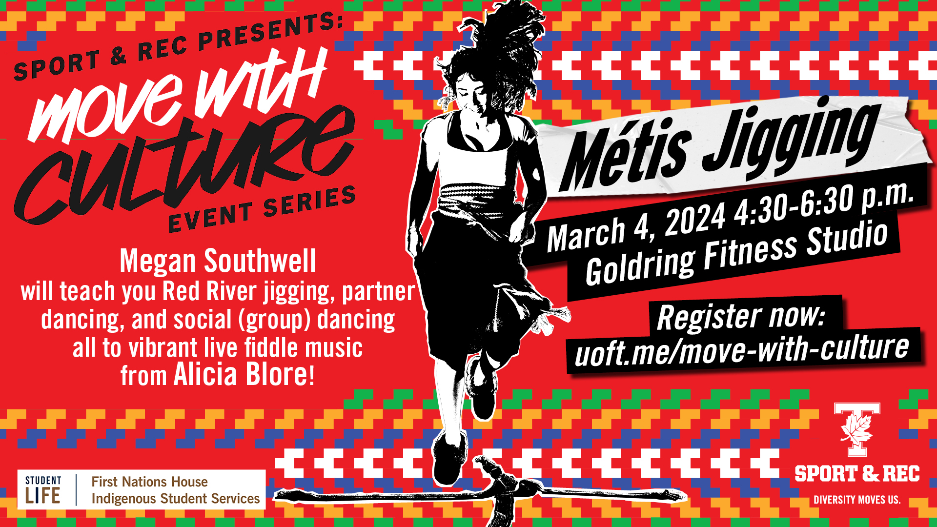 Composite of girl dancing with red background and indigenous inspired shapes, which reads: Move with Culture, Metis Jigging on March 4 from 4:30-6:30