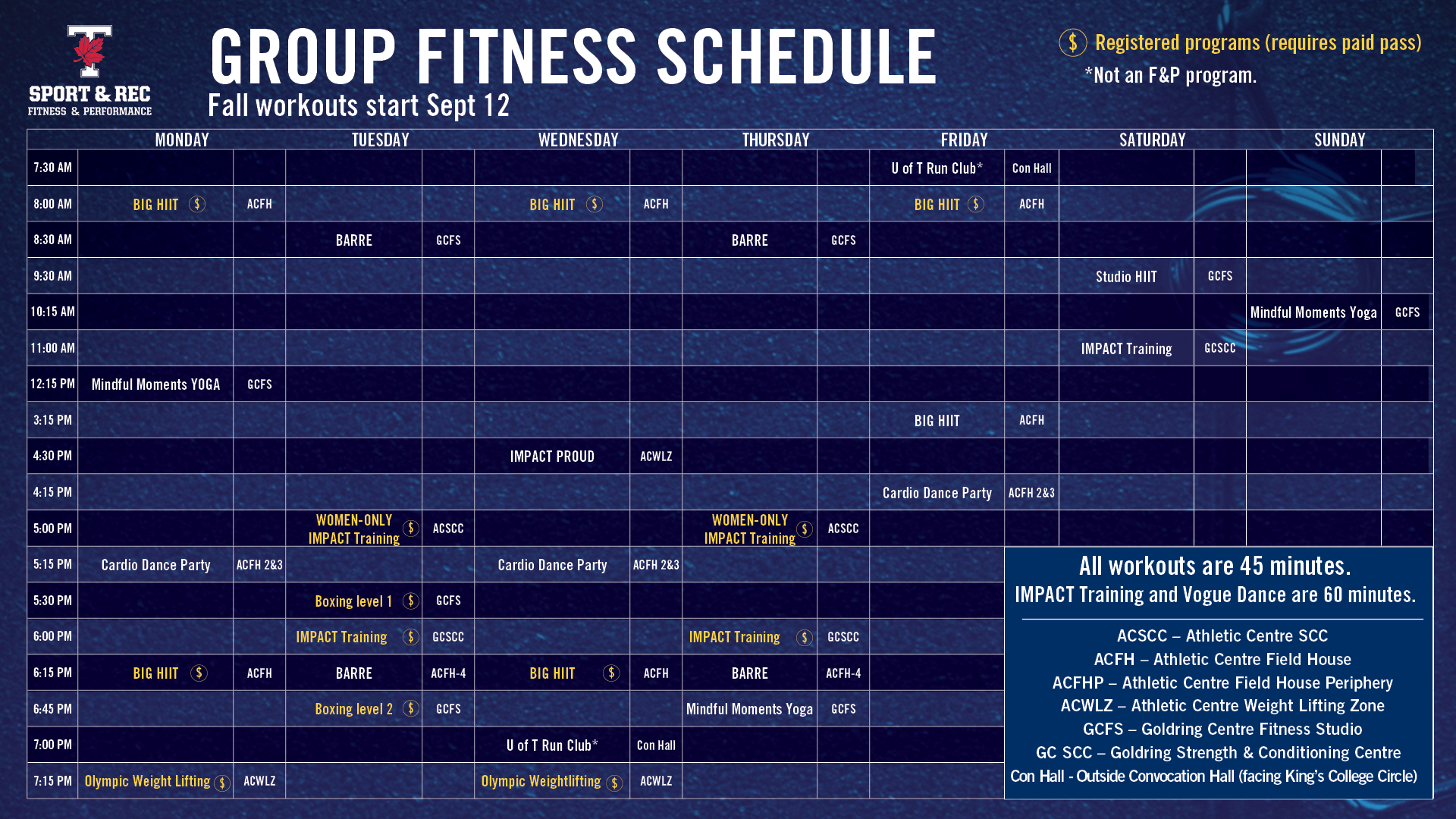 graphic with Fall 2022 group fitness schedule outlined in chart
