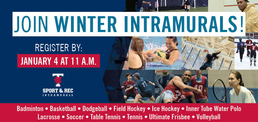 Composite ad of Winter Intramurals Offerings. Registration begins on January 4 at 11 a.m.