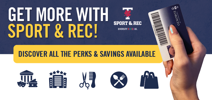 Get more with Sport & Rec! Image displays a variety of icons representing entertainment, shopping, food, personal grooming along with a caucasian woman's hand holding a membership card.