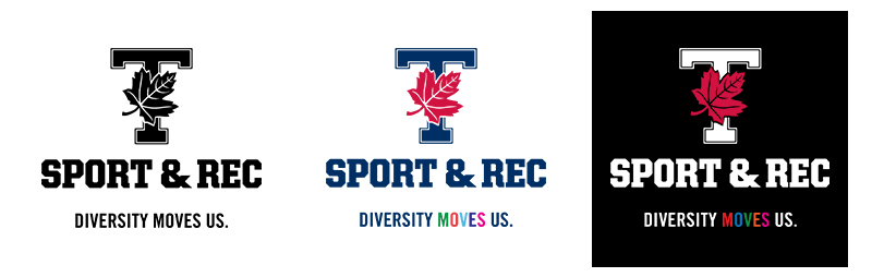 Three versions of the Sports & Rec logo