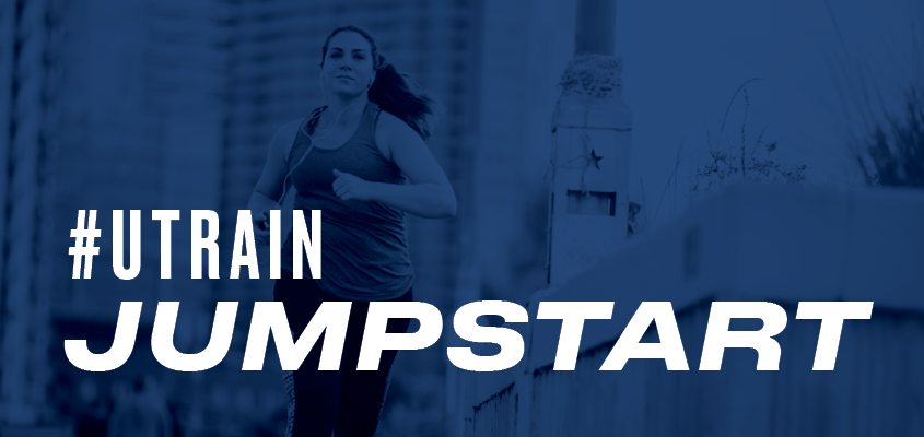 woman jogging on city streets with text: utrain jumpstart