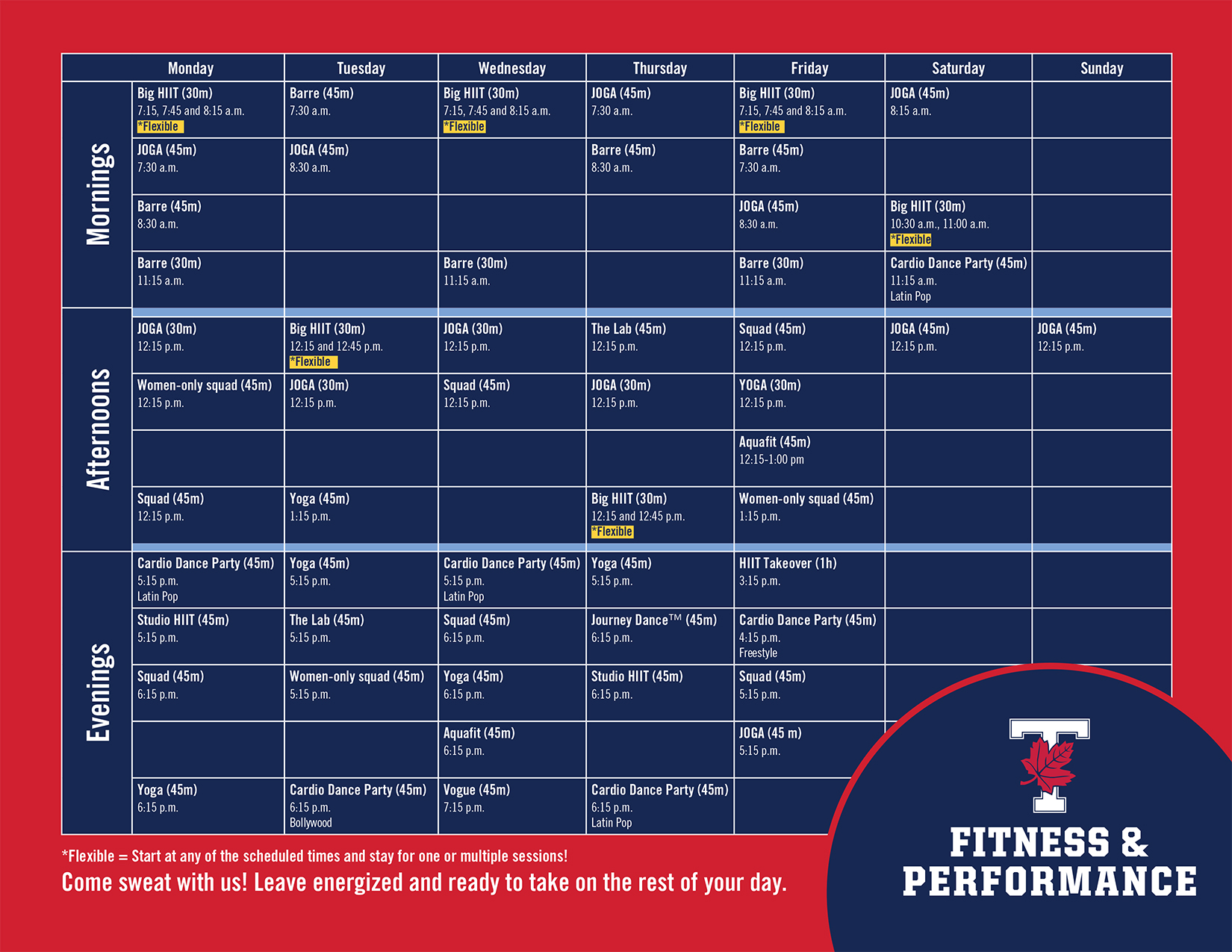 Overview schedule of 2020 Fitness & Performance Programs