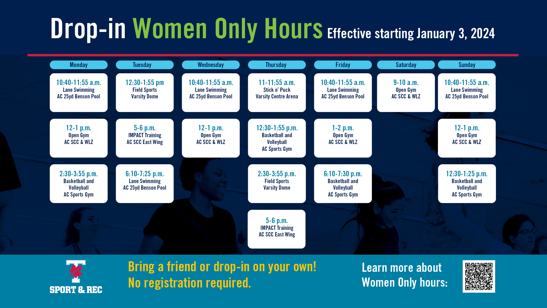 Drop-in Women Only Schedule, effective starting January 3, 2024 (reflected in the link below))