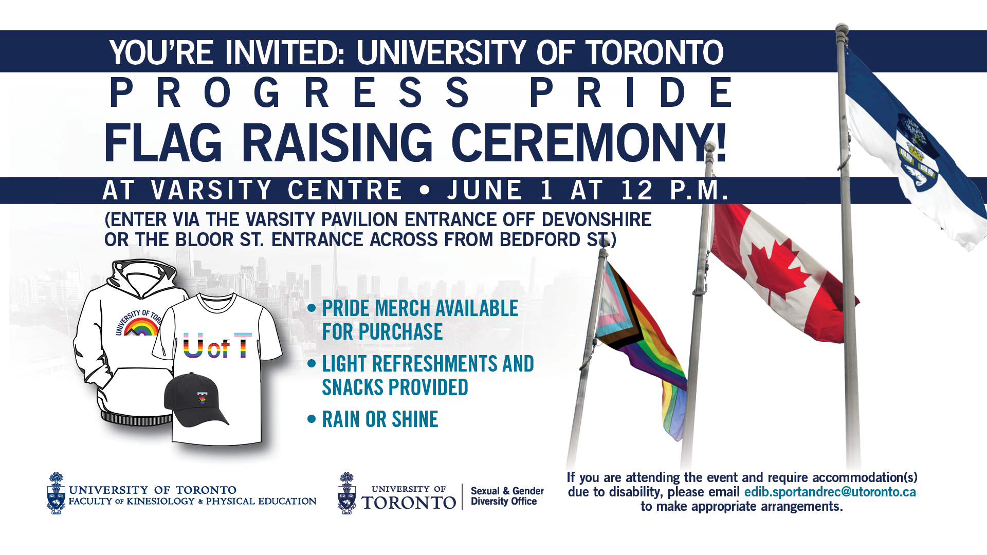 promotional ad with progress pride and u of t flags to celebrate upcoming flag raising event on June 1