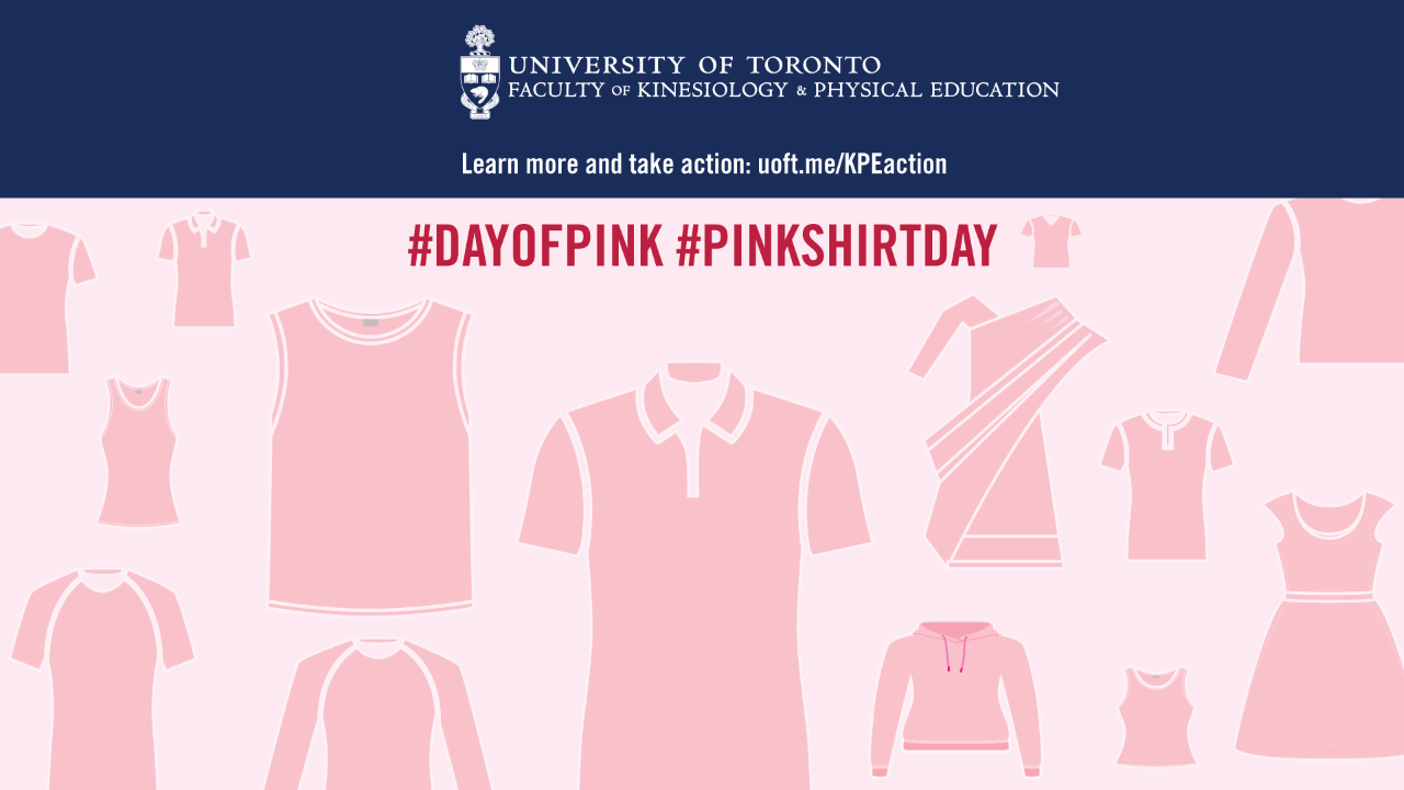 Pink shirts on a virtual background. Says - Learn More and Take Action uoft.me/kpeaction