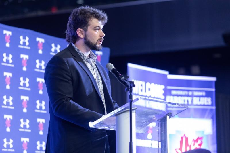 U of T student-athlete Mathieu Clavet speaks at the 2025 Celebration of Impact
