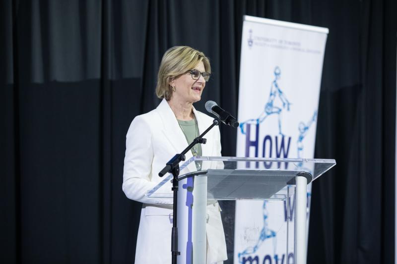 Dean Gretchen Kerr speaks on stage at the KPE 2025 Spring Convocation