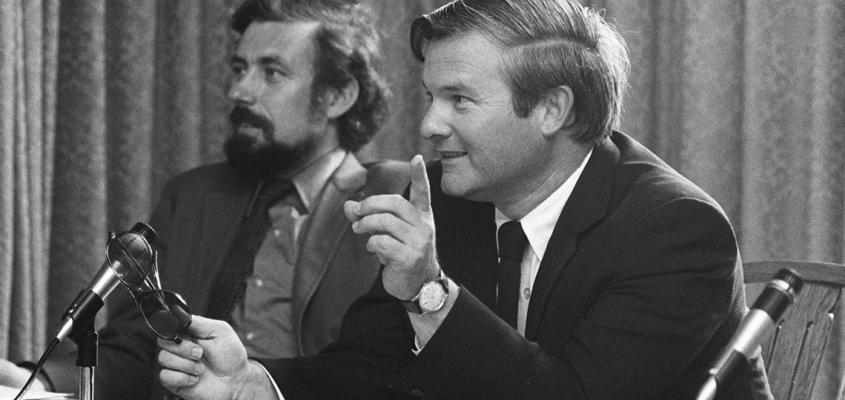 Bill Davis speaking at a seminar at Hart House in the 1970s