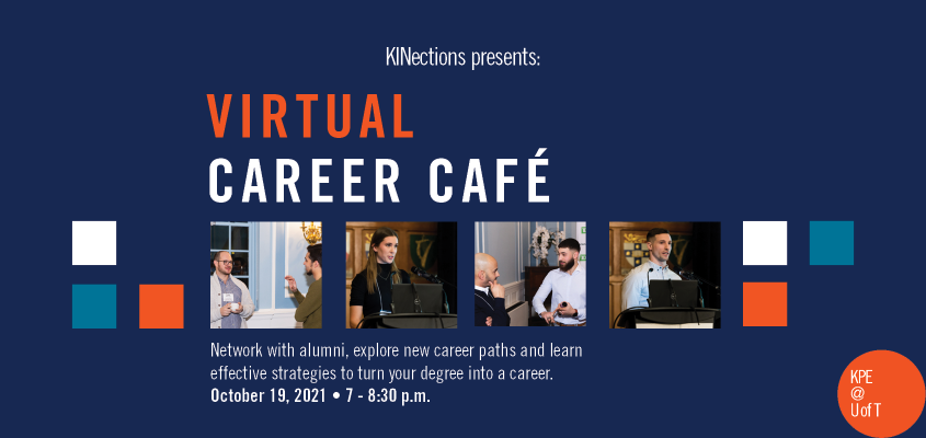 four images of alumni speaking at past event with text that reads: Virtual career cafe - network with alumni, explore new career paths and learn effective strategies to turn your degree into a career