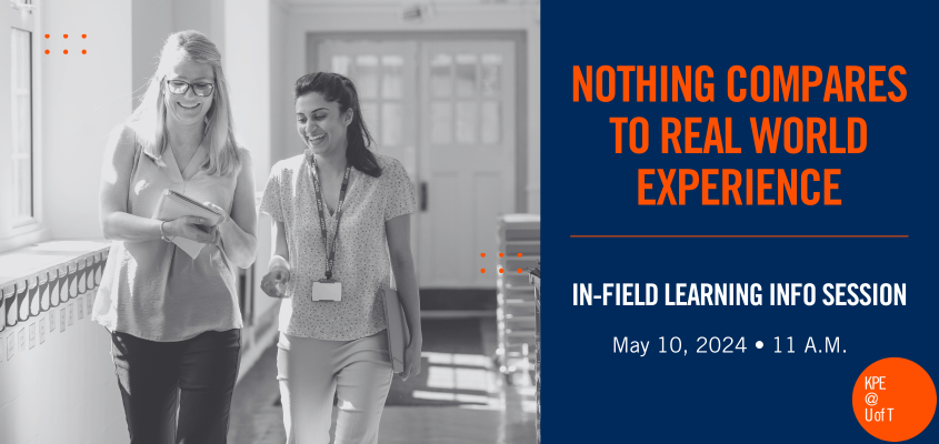 Young learner consulting with older mentor while walking down a school hallway with text 'nothing compares to real world experience: in-field learning info session May 10, 2024 at 11 a.m.''
