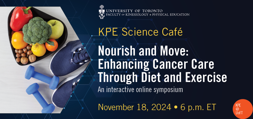 event title with date and faculty branding beside a pair of sneakers, free weights and a bowl filled with fruit and veggies