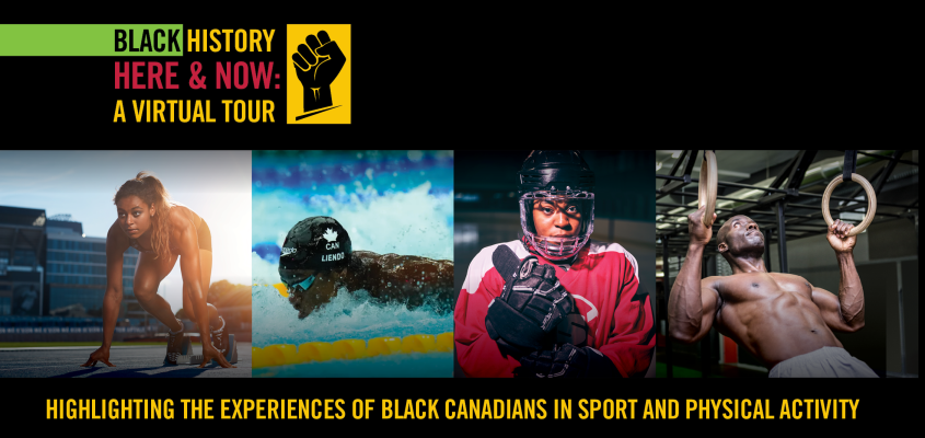 composite image of 4 black athletes with text: black history here and now - a virtual tour