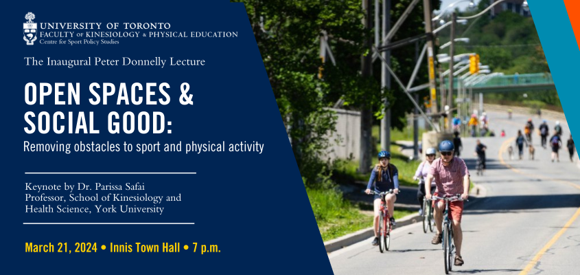 cyclists on closed Toronto road for ActiveTO next to white text on blue background indicating event title, date, time