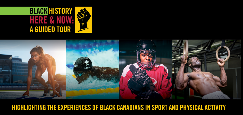 composite image of 4 black athletes with text: black history here and now - a guided tour