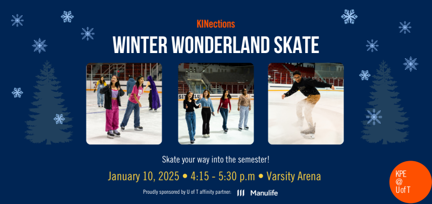 snapshots of students ice skating on blue background with illustrated trees and snowflakes