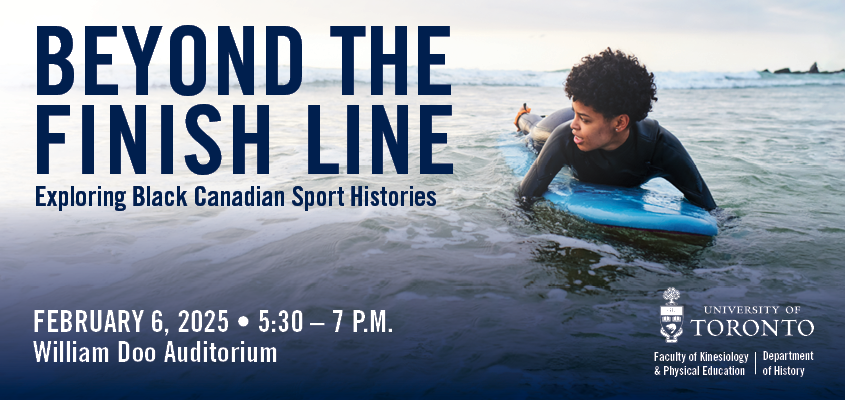 black woman on surfboard in water beside text displaying event title, date and location