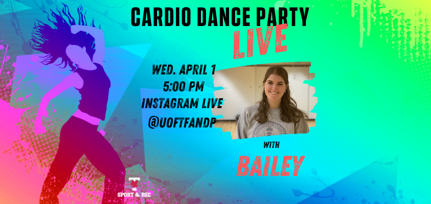 illustration of woman dancing with text: cardio dance party live with bailey