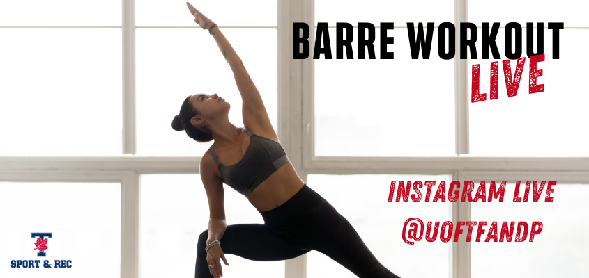 woman holding a stretching pose with text "barre workout live"