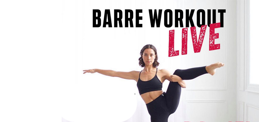 woman holding yoga pose with text Barre Live