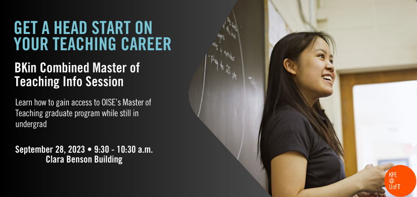 female student in front of chalkboard with event title, date, time and location