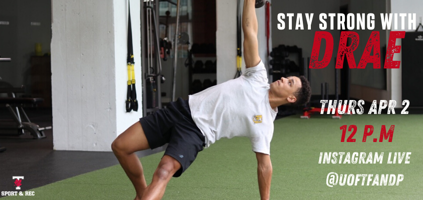 young man holding side plank pose with text "instagram live with drae"