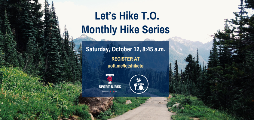 Hiking poster showing a dirt trail with green grass and pine trees on either side. The trail curves up to the left. 