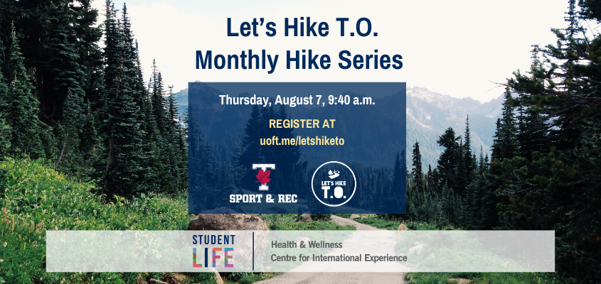 Pine trees and other greenery around a trail, foregrounded by information about the Monthly Hike Series with Let's Hike T.O.