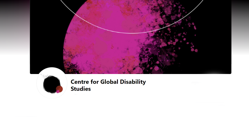 pink circle with decorative lines and text: 'centre for global disability studies'