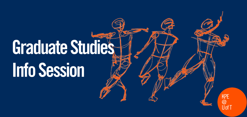 white text on blue background: graduate studies info session, w/ 3 sketched orange figures and logo