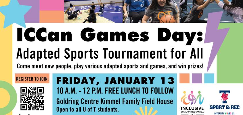 Bright colourdul poster with various shapes. Photos show participants playing adaptive games including wheelchair basketball and seated volleyball.