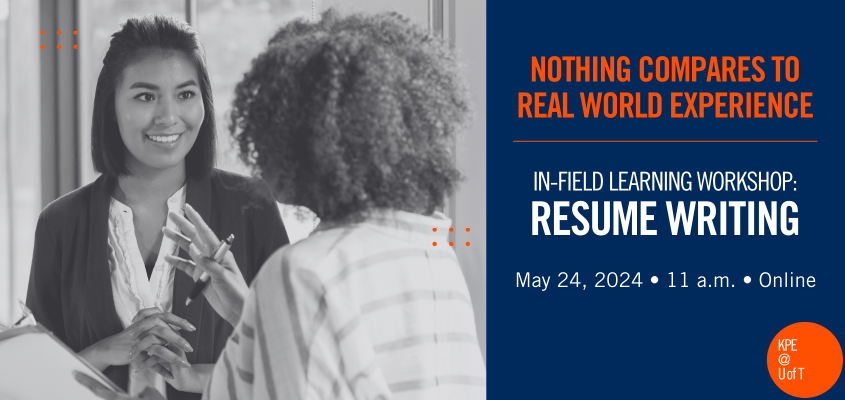 Young learner consulting with older mentor who's holding a pen and doucment with text 'nothing compares to real world experience: in-field learning workhsop: resume writing May 24, 2024 at 11 a.m. online''